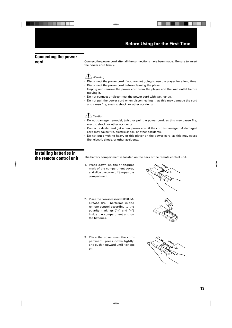 Connecting the power cord, Installing batteries in the remote control unit, Before using for the first time | JVC XV-1000BK User Manual | Page 15 / 60