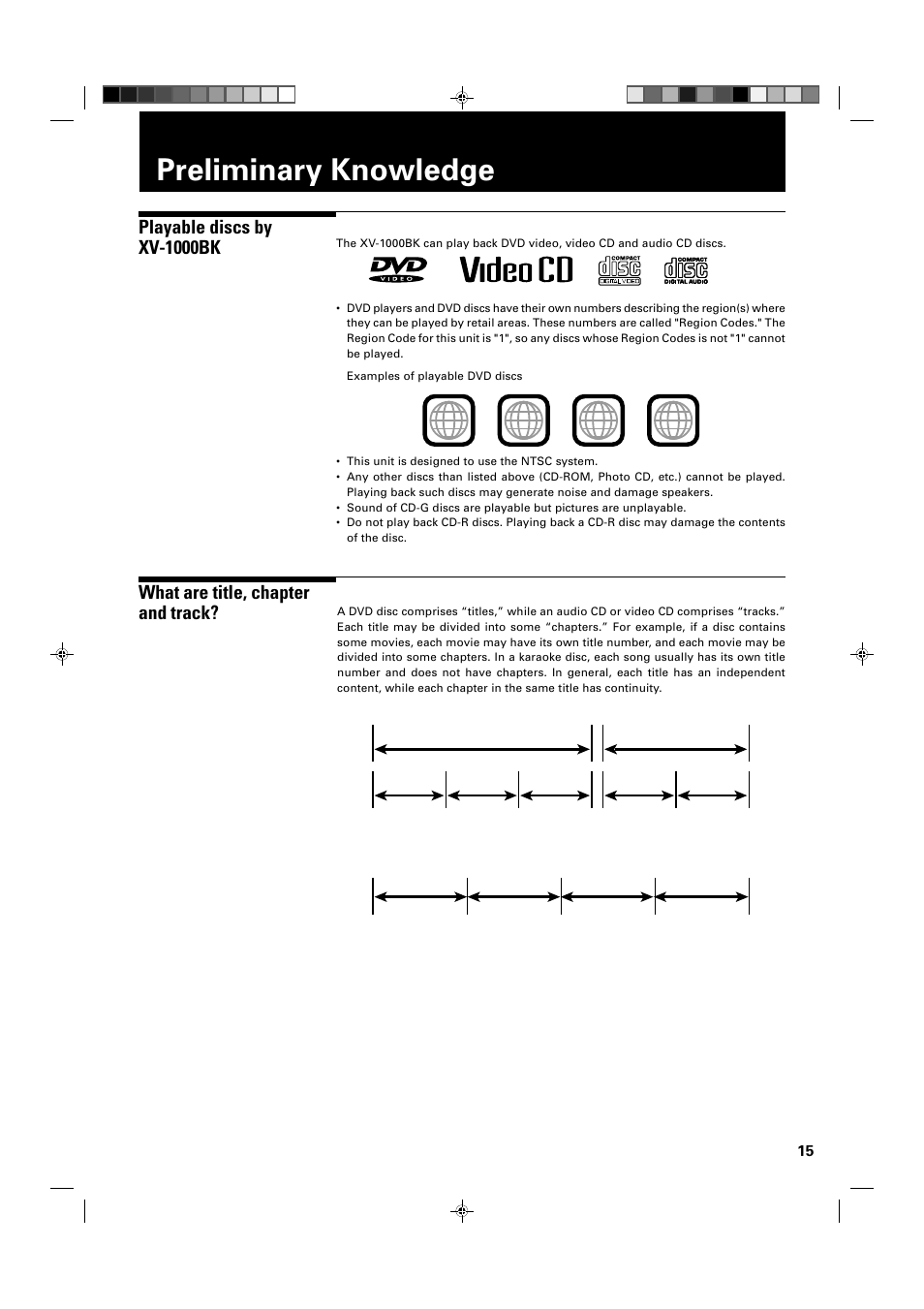Preliminary knowledge, What are title, chapter and track, Playable discs by xv-1000bk | JVC XV-1000BK User Manual | Page 17 / 60