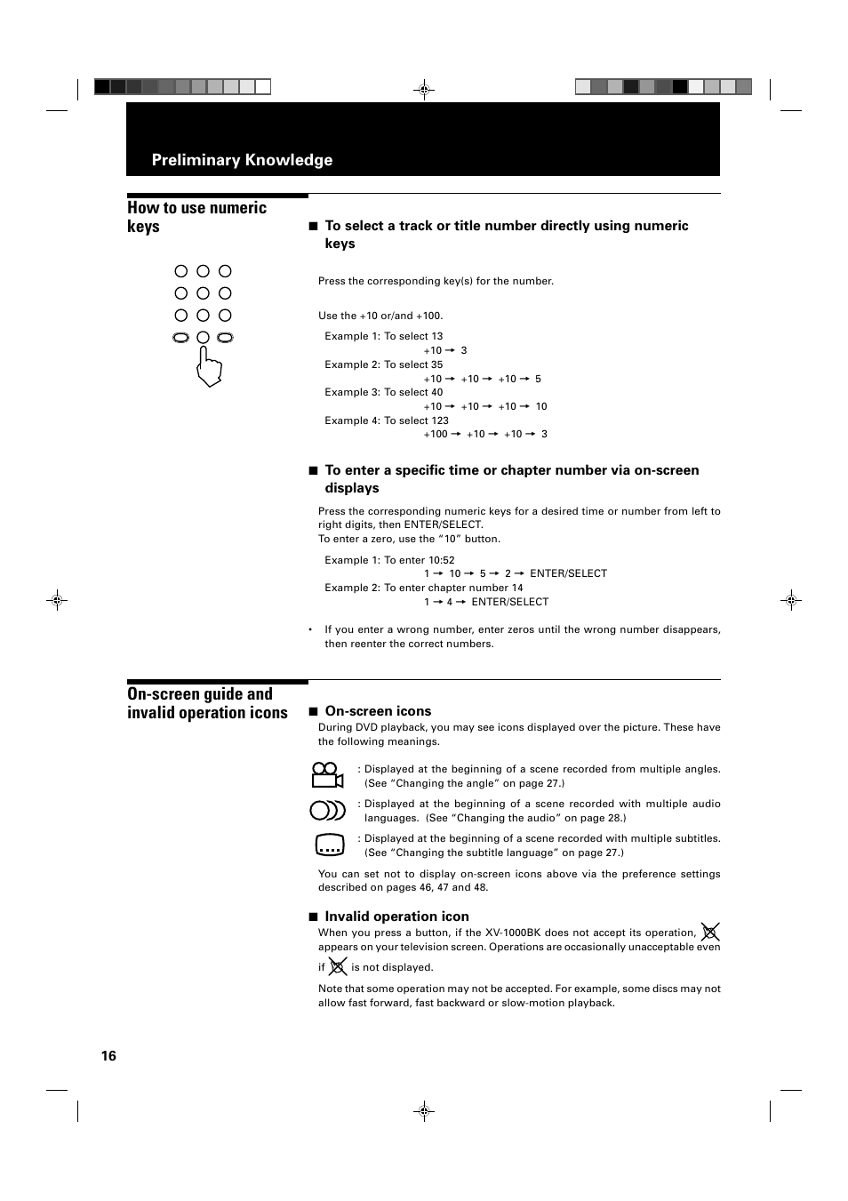 How to use numeric keys, On-screen guide and invalid operation icons, Preliminary knowledge | 7 on-screen icons, 7 invalid operation icon | JVC XV-1000BK User Manual | Page 18 / 60