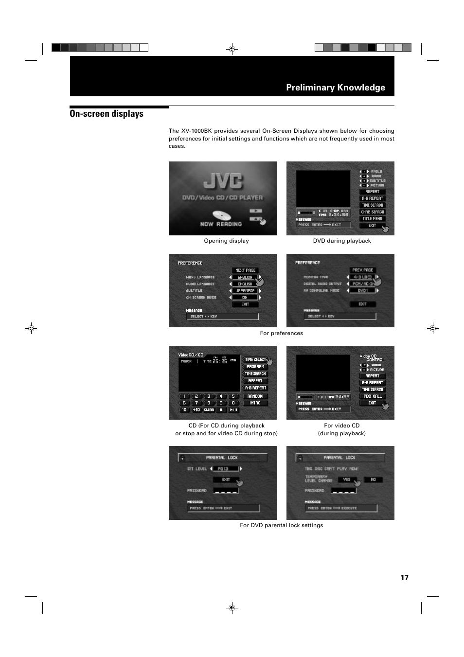 On-screen displays, Preliminary knowledge | JVC XV-1000BK User Manual | Page 19 / 60
