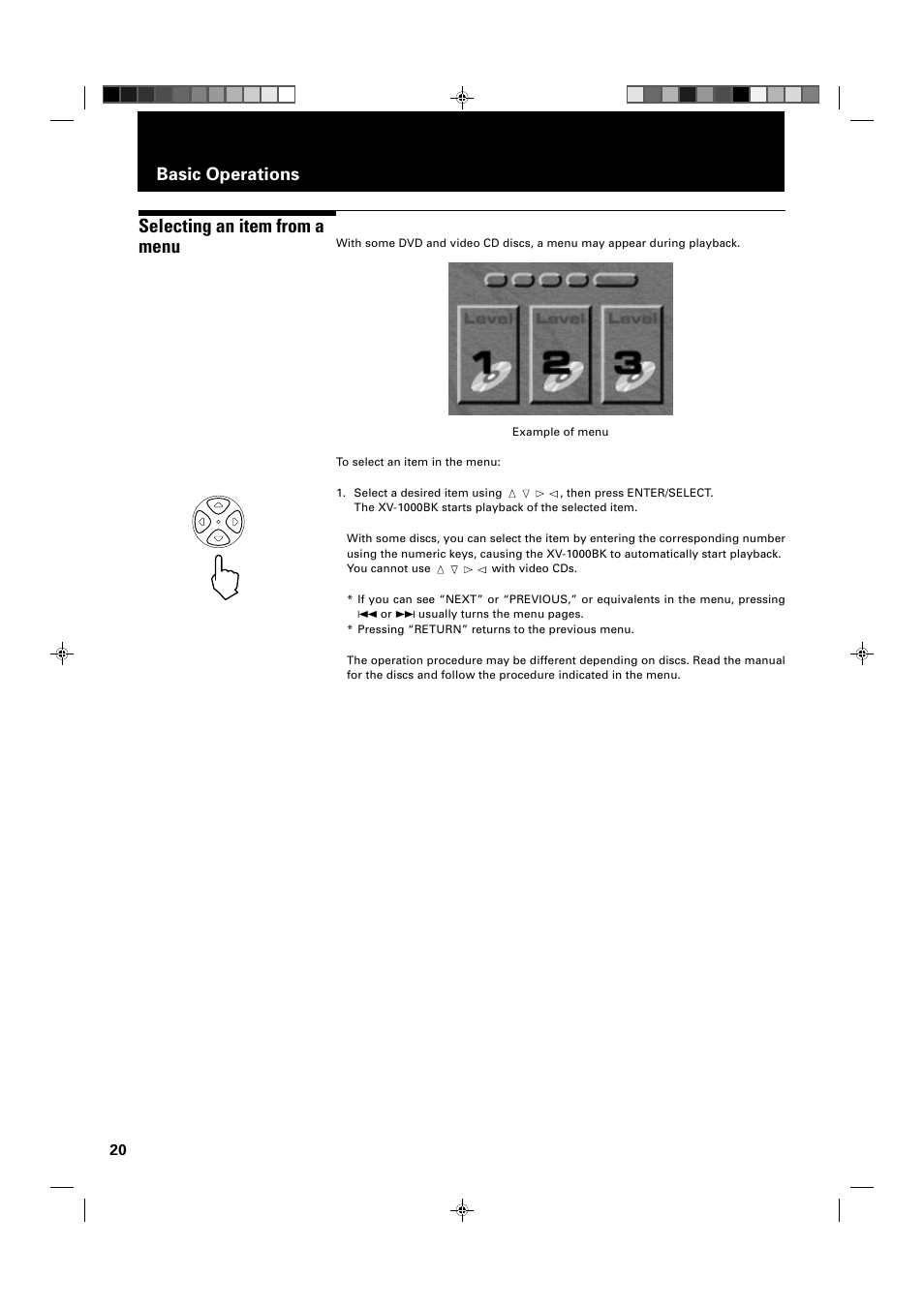 Selecting an item from a menu, Basic operations | JVC XV-1000BK User Manual | Page 22 / 60