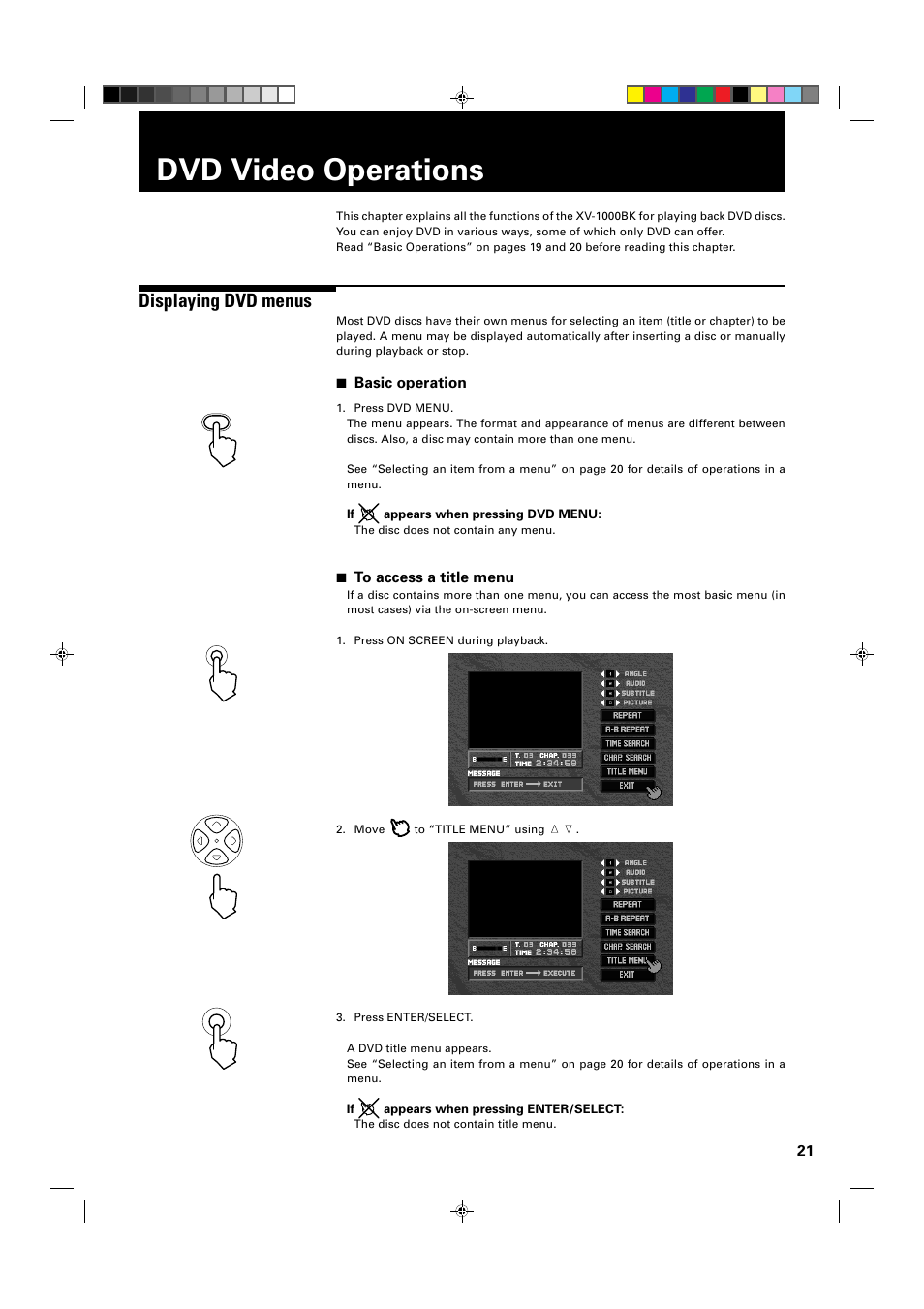 Dvd video operations, Displaying dvd menus, 7 basic operation | 7 to access a title menu | JVC XV-1000BK User Manual | Page 23 / 60
