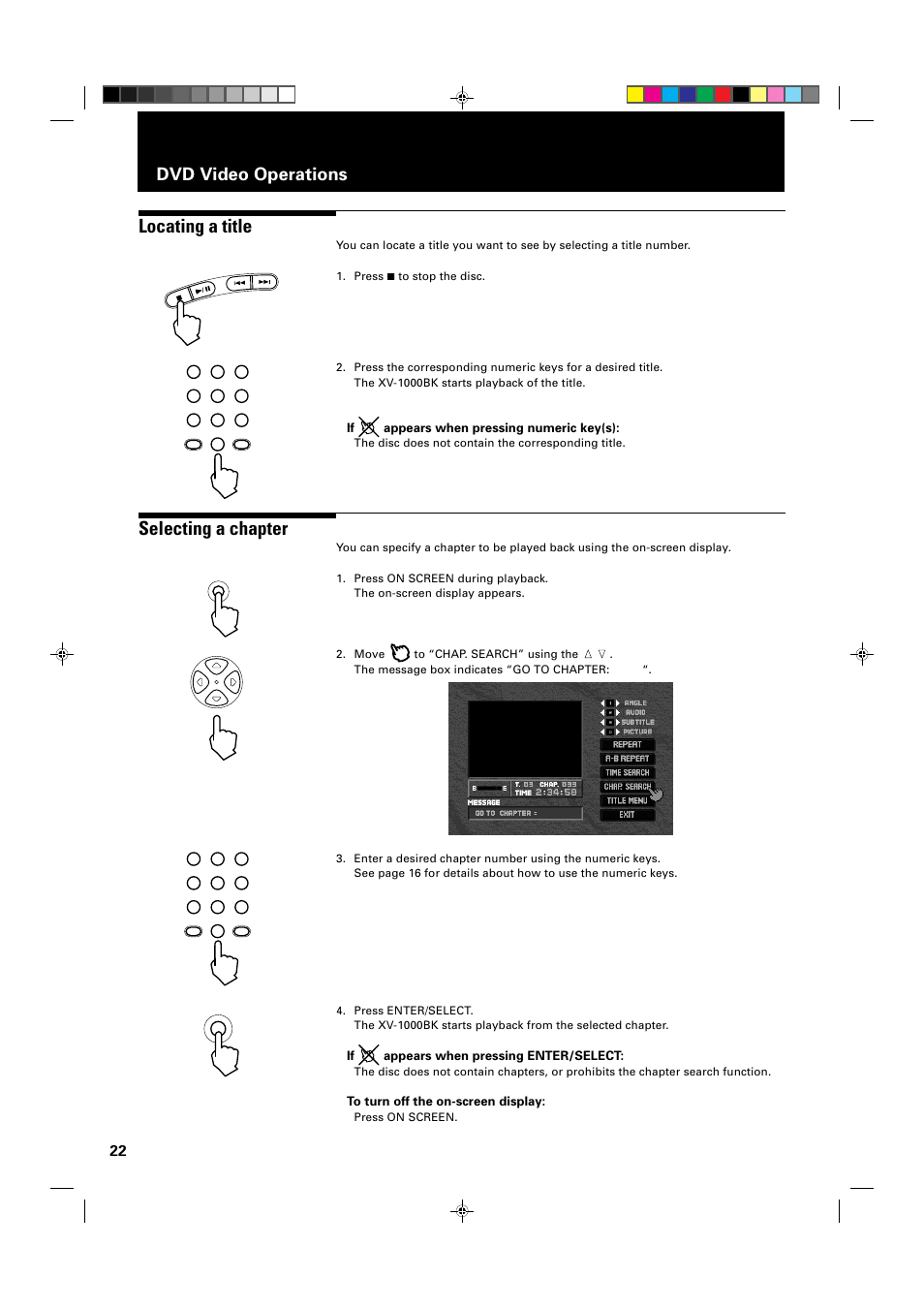 Locating a title, Selecting a chapter, Dvd video operations | If appears when pressing numeric key(s), If appears when pressing enter/select | JVC XV-1000BK User Manual | Page 24 / 60