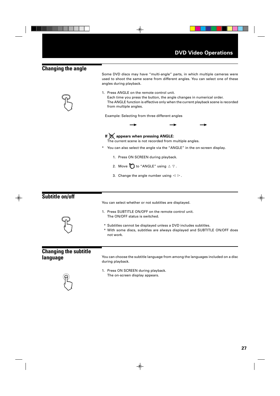 Changing the angle, Subtitle on/off, Changing the subtitle language | Dvd video operations | JVC XV-1000BK User Manual | Page 29 / 60