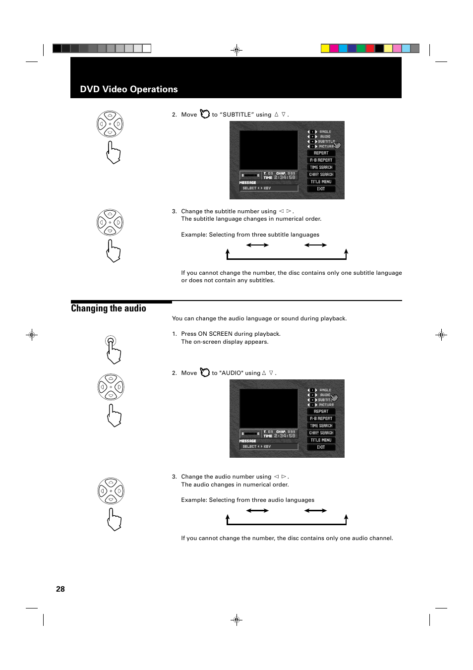 Changing the audio, Dvd video operations | JVC XV-1000BK User Manual | Page 30 / 60