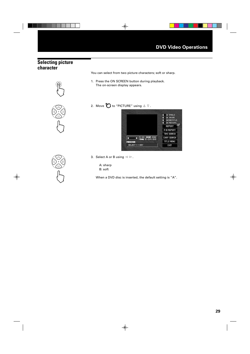 Selecting picture character, Dvd video operations | JVC XV-1000BK User Manual | Page 31 / 60