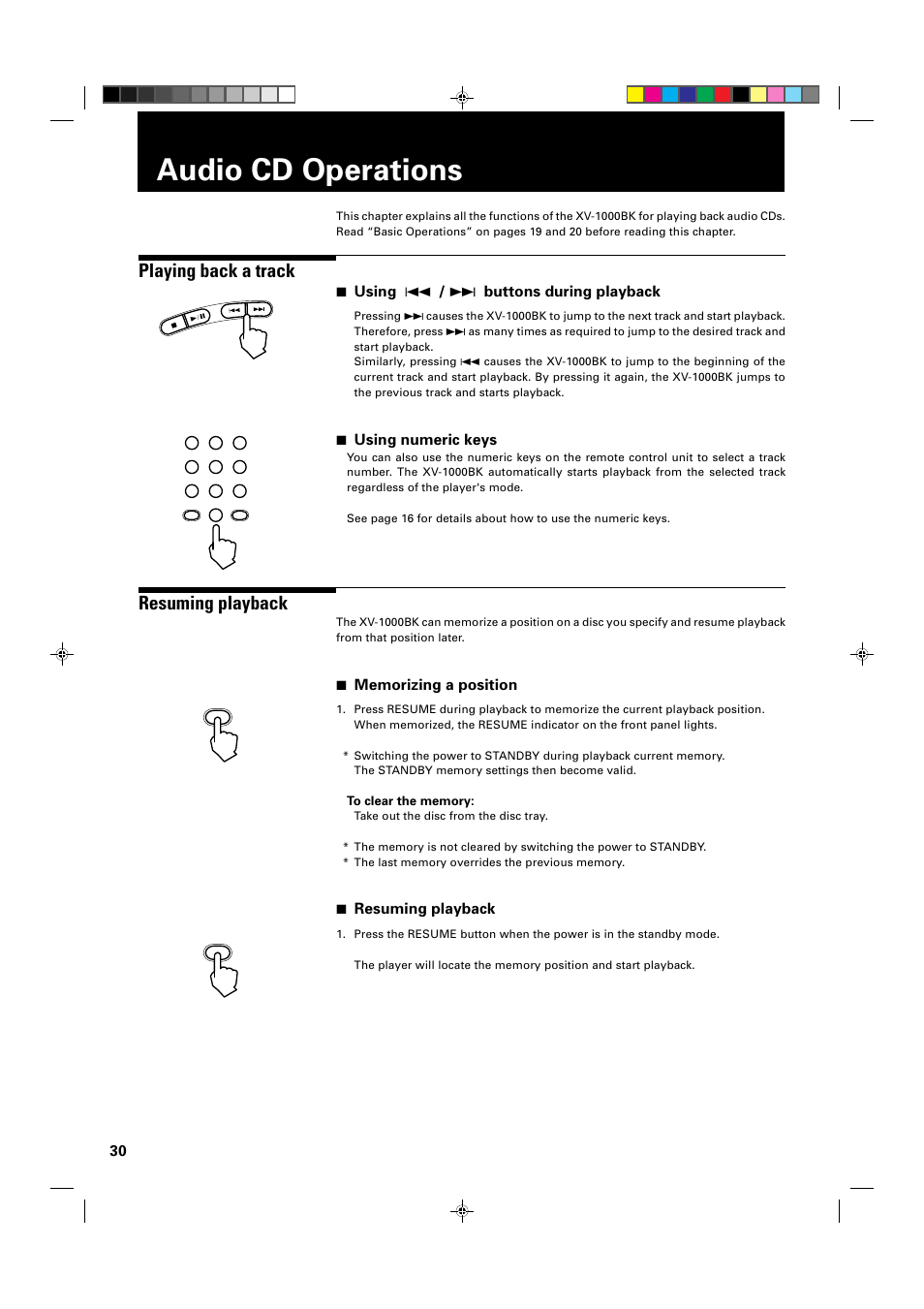 Audio cd operations, Playing back a track, Resuming playback | 7 using 4 / ¢ buttons during playback, 7 using numeric keys, 7 resuming playback | JVC XV-1000BK User Manual | Page 32 / 60