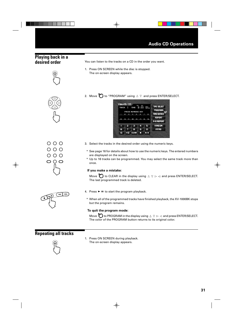 Repeating all tracks, Playing back in a desired order, Audio cd operations | JVC XV-1000BK User Manual | Page 33 / 60