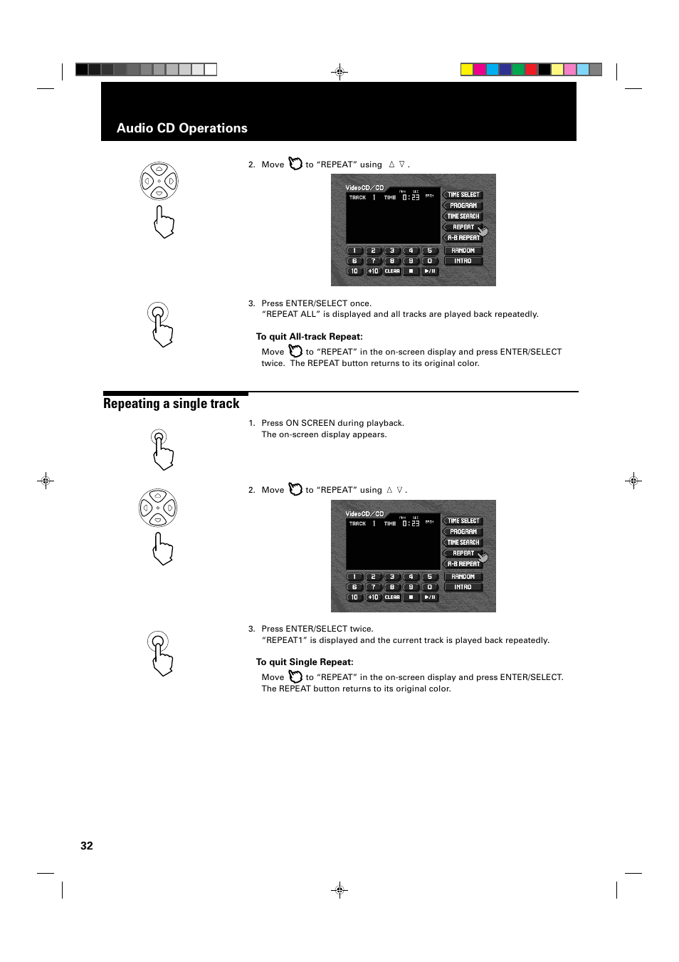 Repeating a single track, Audio cd operations | JVC XV-1000BK User Manual | Page 34 / 60