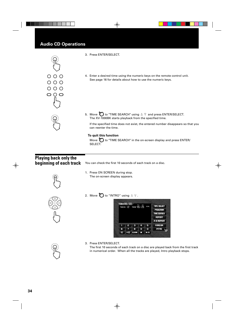 Playing back only the beginning of each track, Audio cd operations | JVC XV-1000BK User Manual | Page 36 / 60