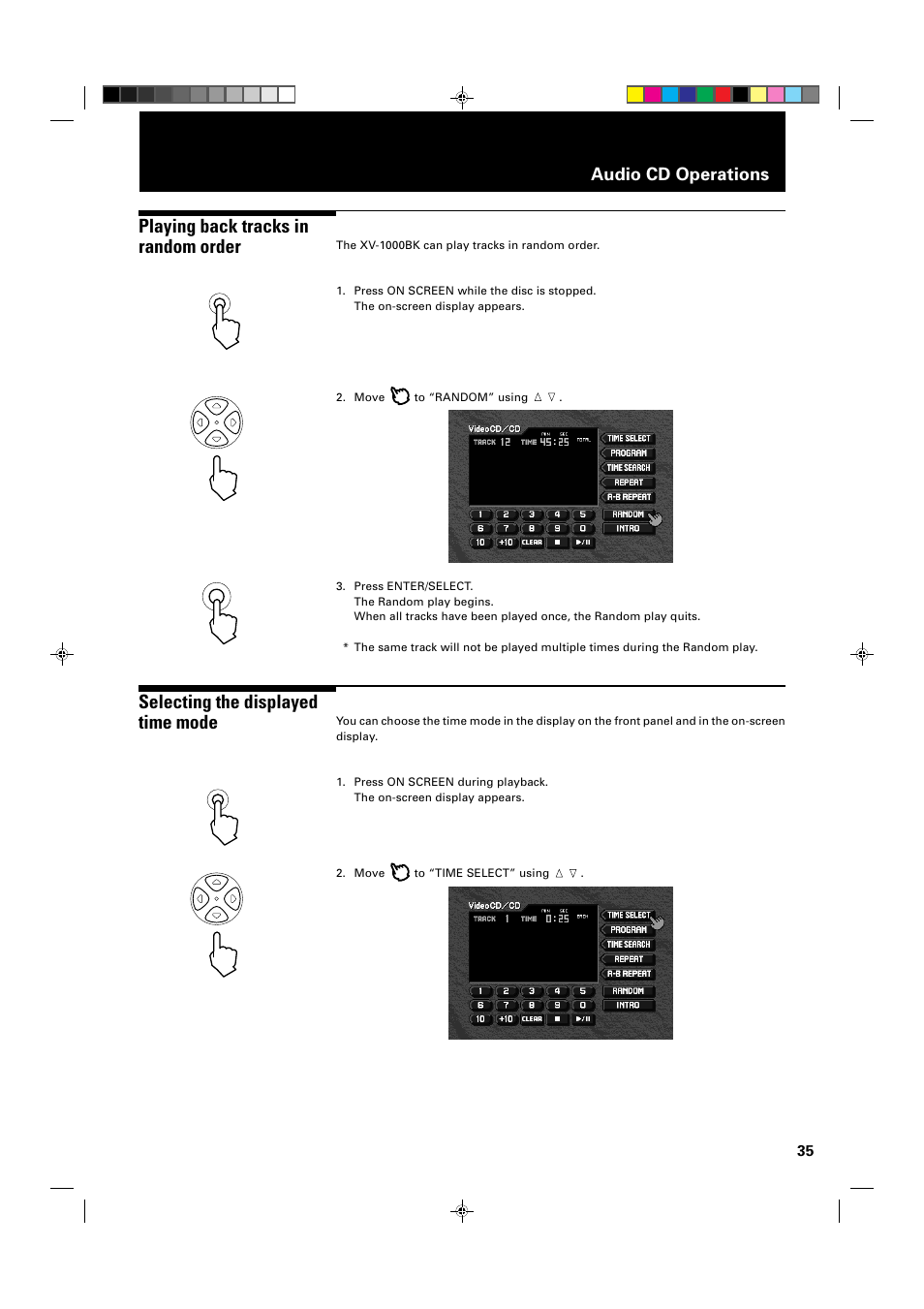 Playing back tracks in random order, Selecting the displayed time mode, Audio cd operations | JVC XV-1000BK User Manual | Page 37 / 60