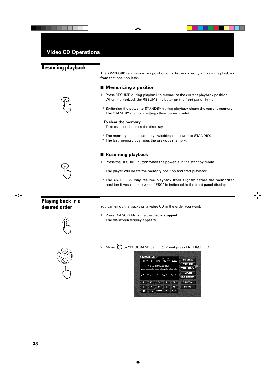 Resuming playback, Playing back in a desired order, Video cd operations | 7 resuming playback | JVC XV-1000BK User Manual | Page 40 / 60