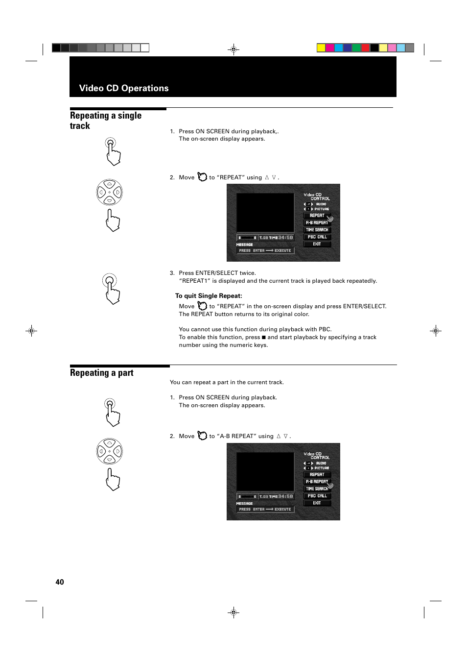 Repeating a part, Repeating a single track, Video cd operations | JVC XV-1000BK User Manual | Page 42 / 60