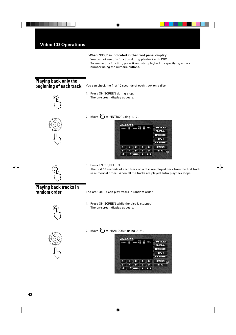 Playing back only the beginning of each track, Playing back tracks in random order, Video cd operations | JVC XV-1000BK User Manual | Page 44 / 60