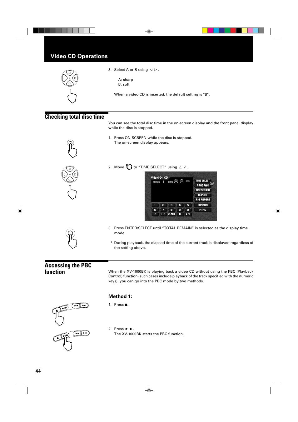 Checking total disc time, Accessing the pbc function, Video cd operations | Method 1 | JVC XV-1000BK User Manual | Page 46 / 60