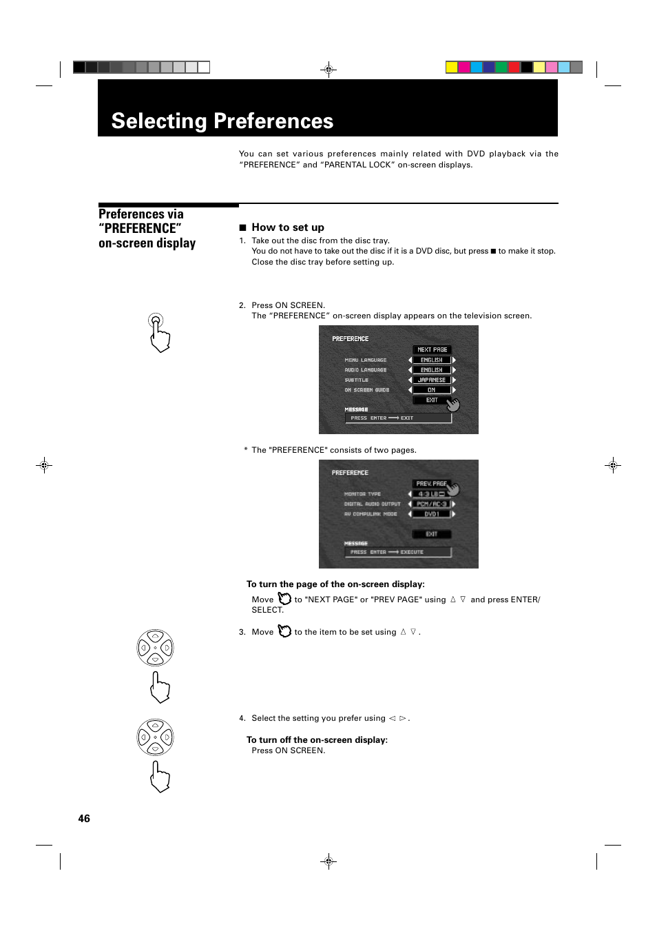 Selecting preferences, Preferences via “preference” on-screen display, 7 how to set up | JVC XV-1000BK User Manual | Page 48 / 60