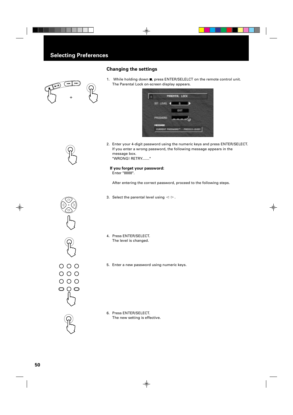 Selecting preferences, Changing the settings, If you forget your password | JVC XV-1000BK User Manual | Page 52 / 60