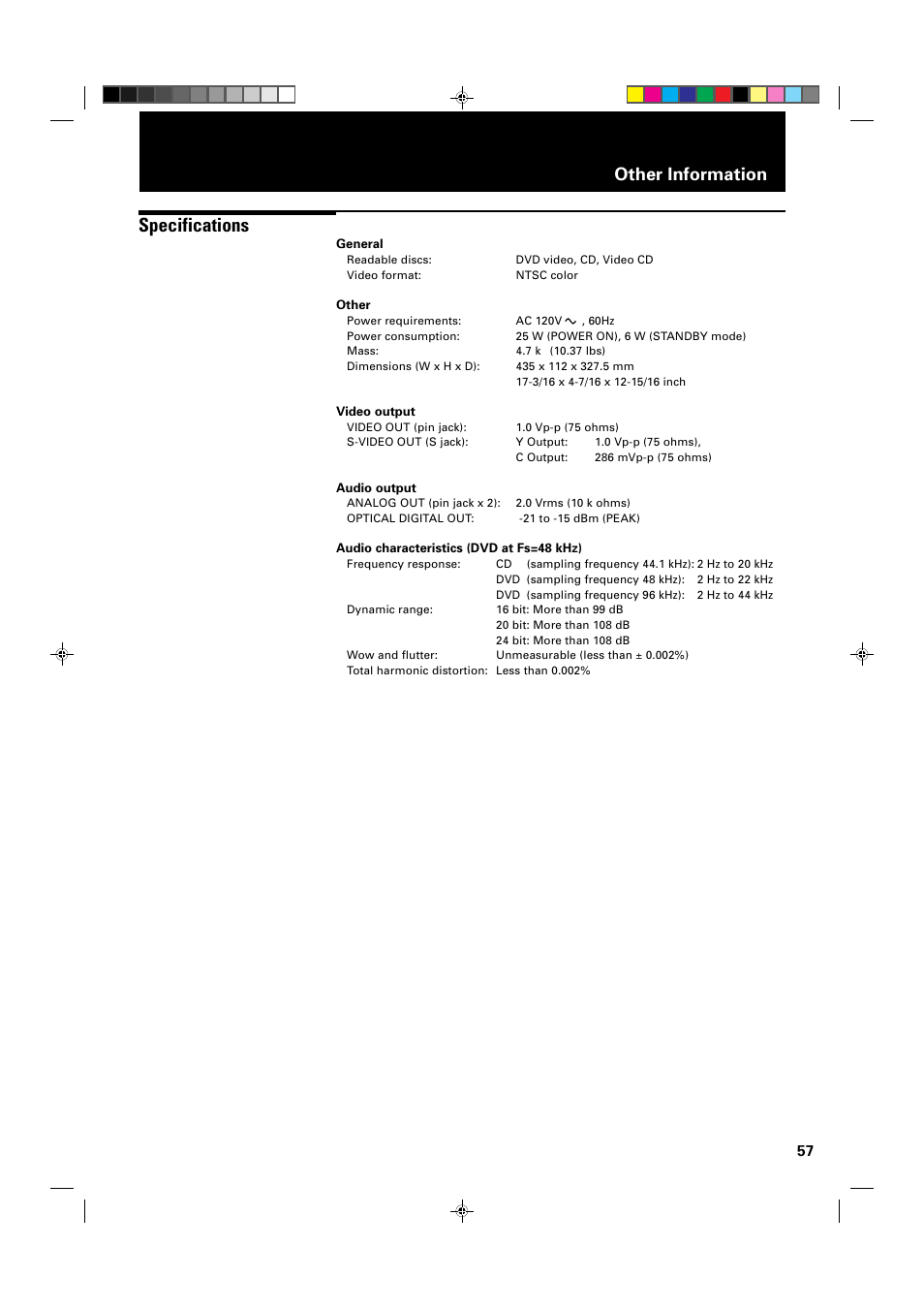 Specifications, Other information | JVC XV-1000BK User Manual | Page 59 / 60