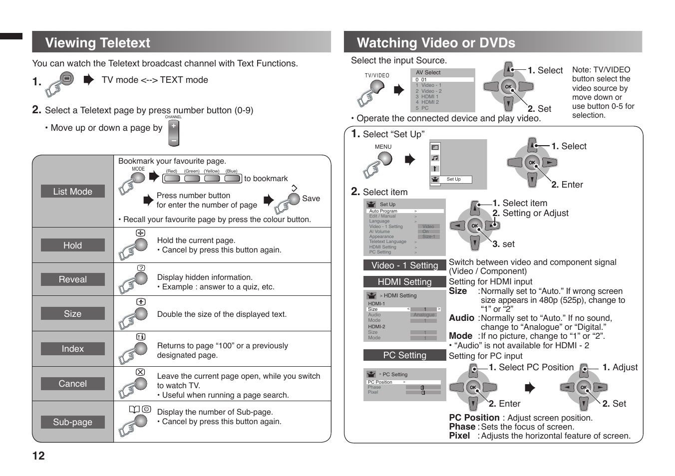 Viewing teletext, Watching video or dvds, Viewing teletext watching video or dvds | JVC 1008WKT-NF-MT User Manual | Page 12 / 16