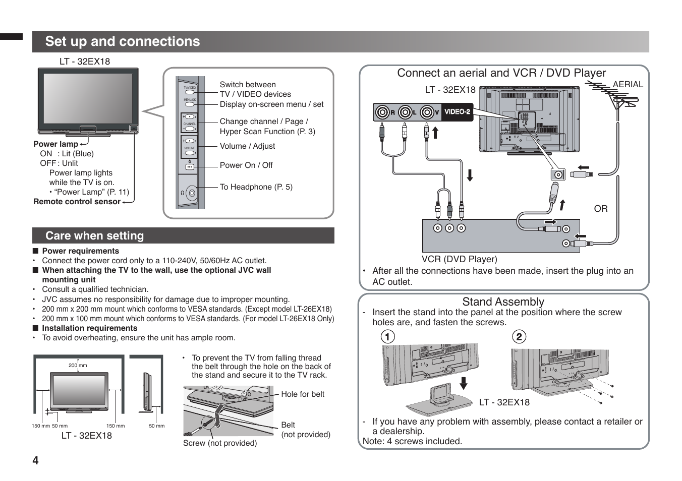 Set up and connections, Care when setting, Connect an aerial and vcr / dvd player | Stand assembly | JVC 1008WKT-NF-MT User Manual | Page 4 / 16