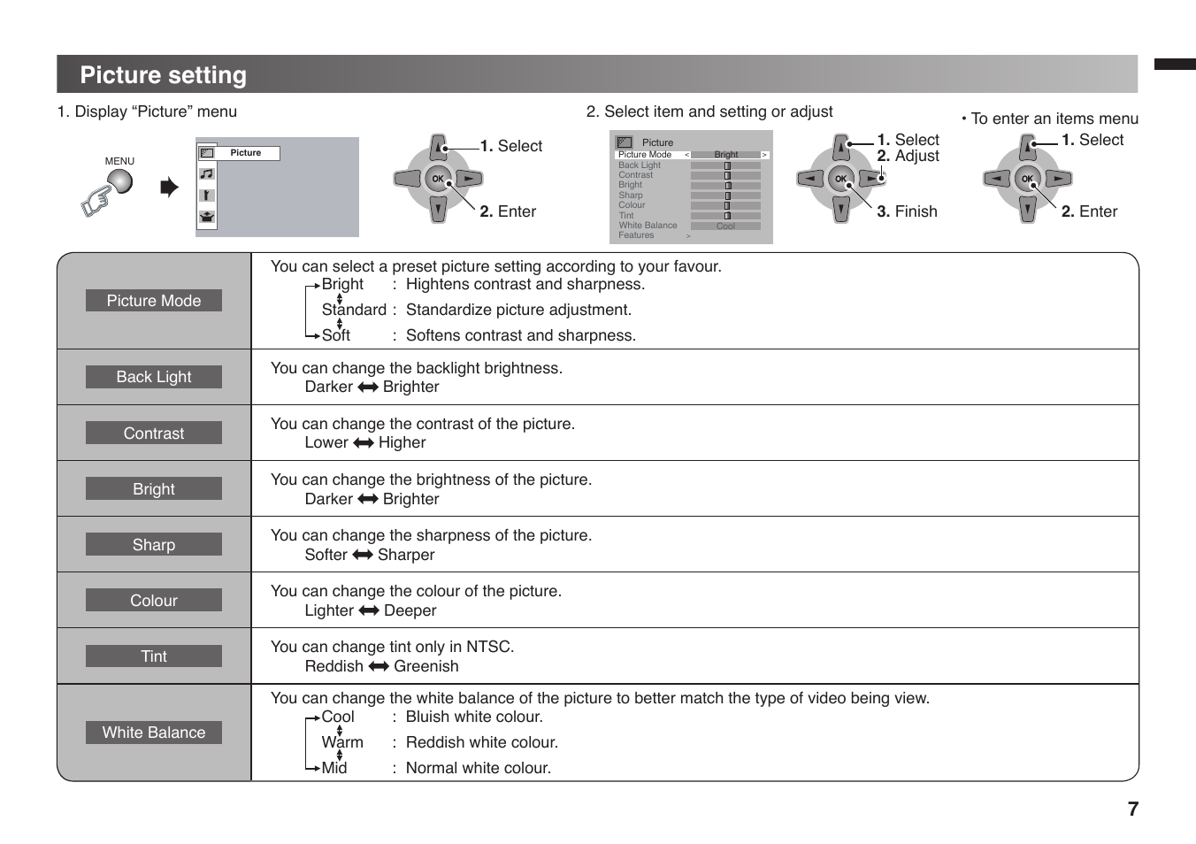 Picture setting | JVC 1008WKT-NF-MT User Manual | Page 7 / 16