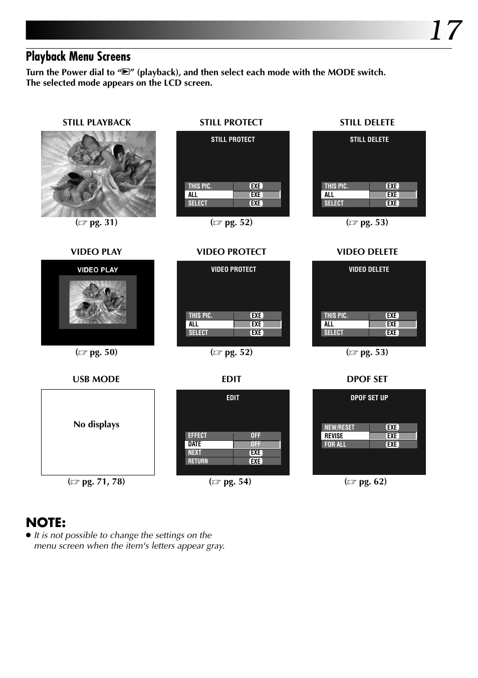 Playback menu screens | JVC GC-QX3 User Manual | Page 17 / 96