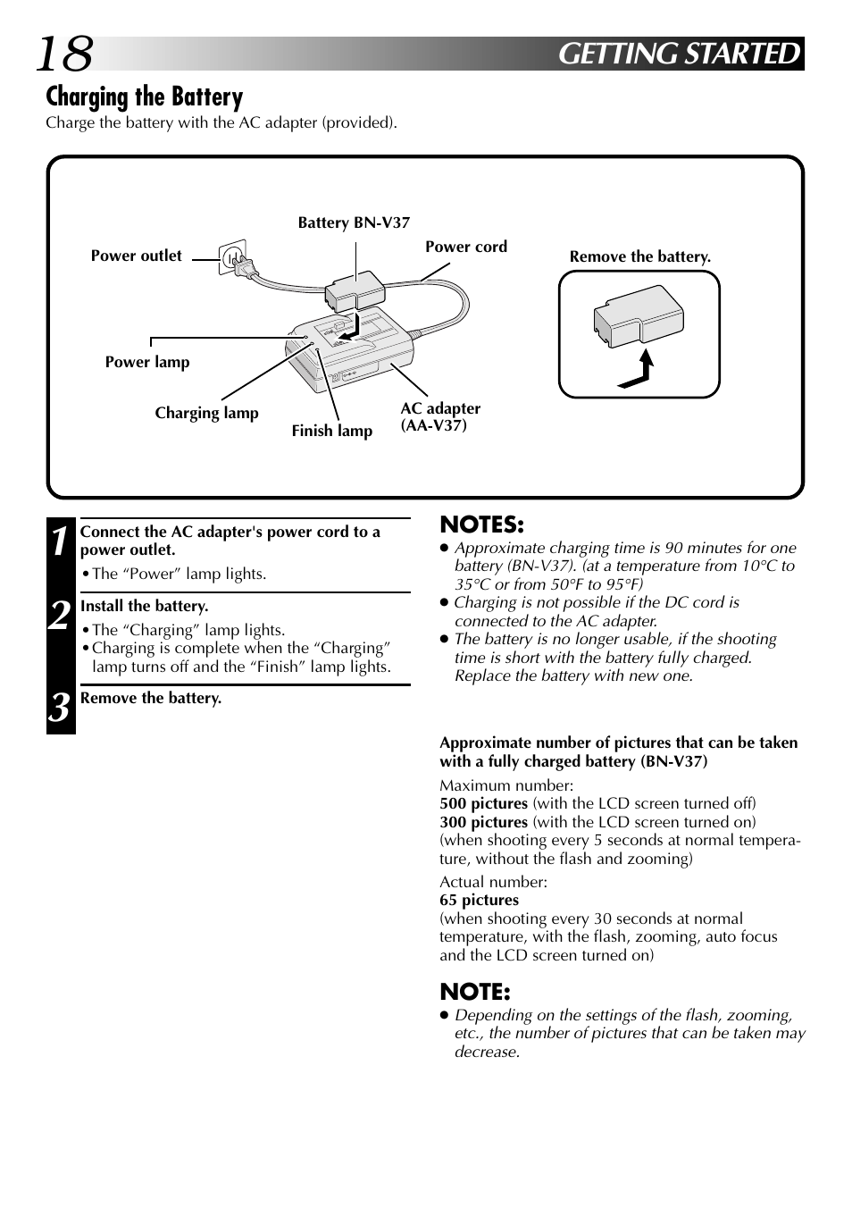 Getting started, Charging the battery | JVC GC-QX3 User Manual | Page 18 / 96