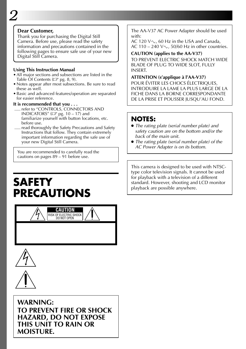 Safety precautions | JVC GC-QX3 User Manual | Page 2 / 96