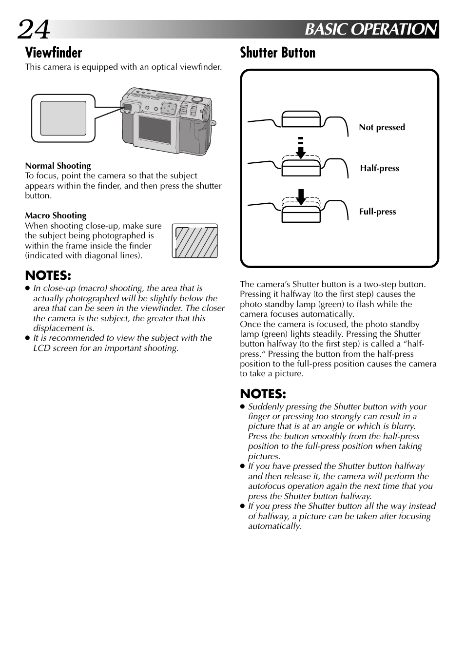 Basic operation, Shutter button, Viewfinder | JVC GC-QX3 User Manual | Page 24 / 96