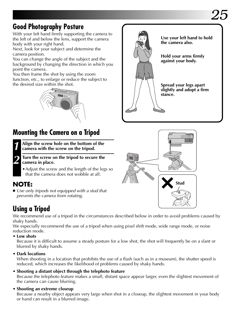 Good photography posture, Using a tripod, Mounting the camera on a tripod | JVC GC-QX3 User Manual | Page 25 / 96