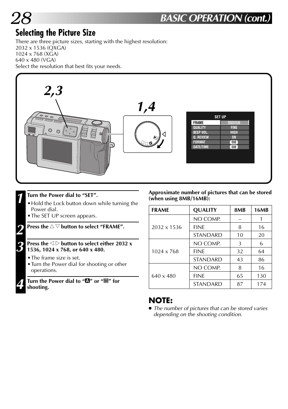Basic operation (cont.), Selecting the picture size | JVC GC-QX3 User Manual | Page 28 / 96