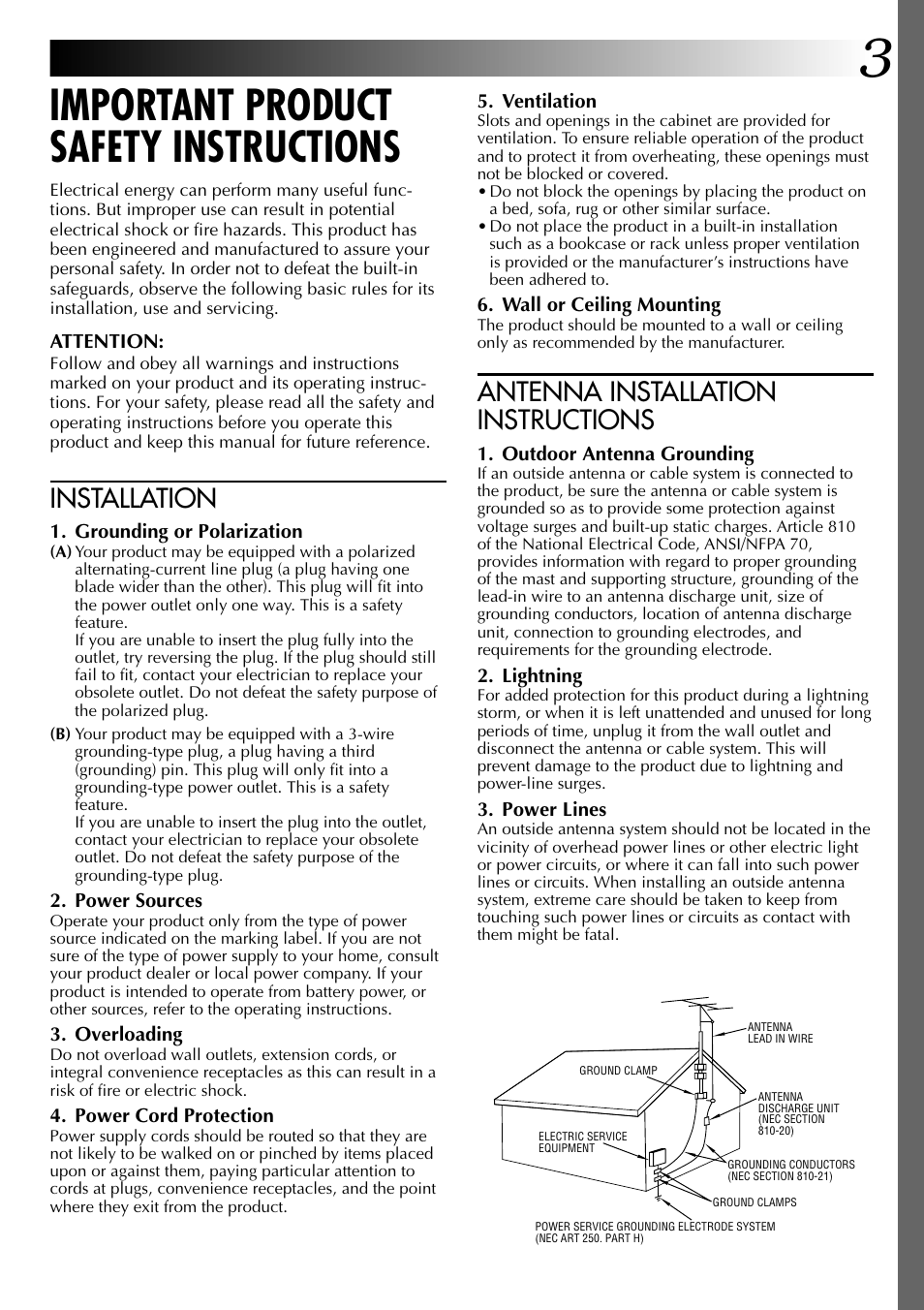 Important product safety instructions, Antenna installation instructions, Installation | JVC GC-QX3 User Manual | Page 3 / 96