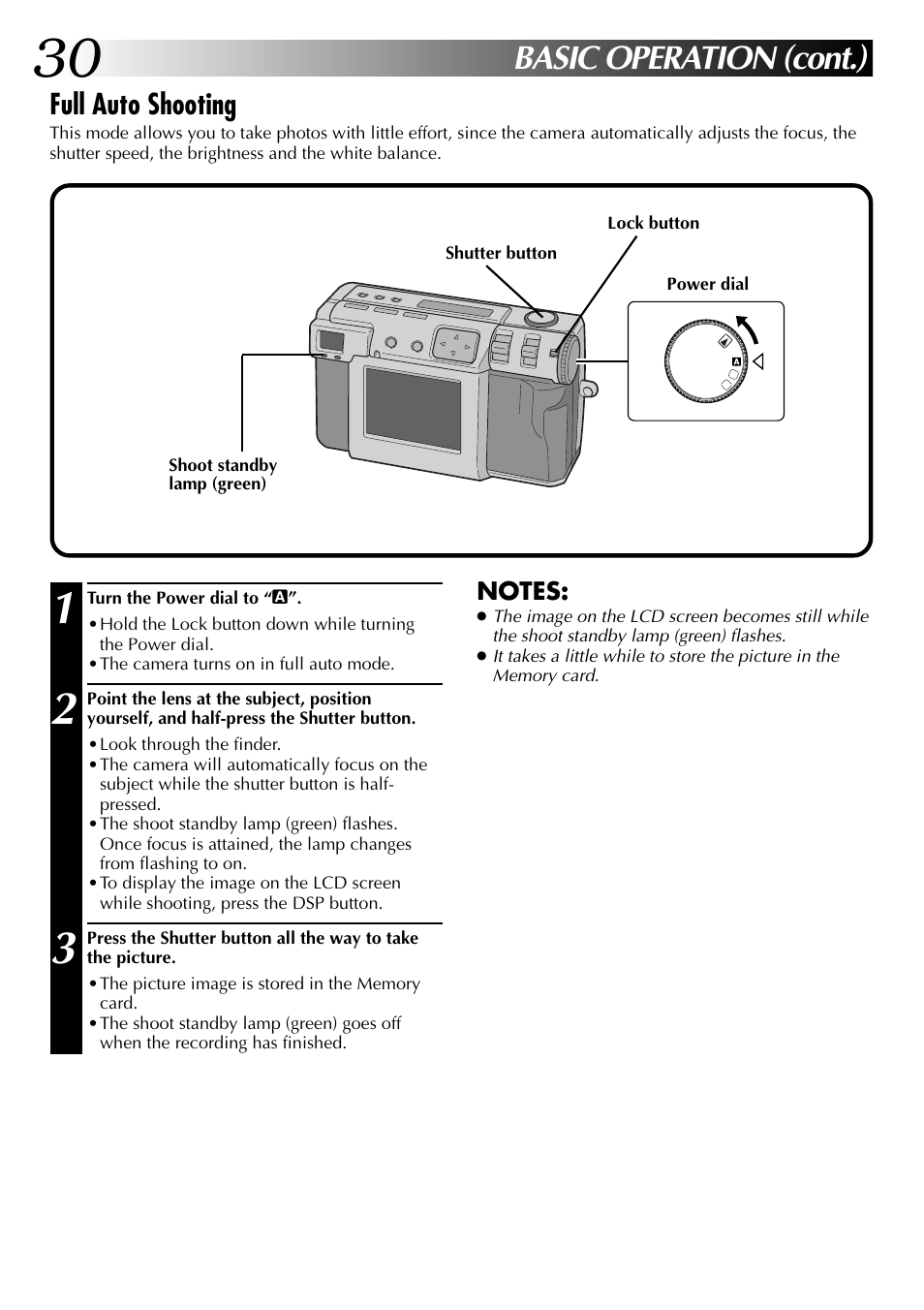Basic operation (cont.), Full auto shooting | JVC GC-QX3 User Manual | Page 30 / 96