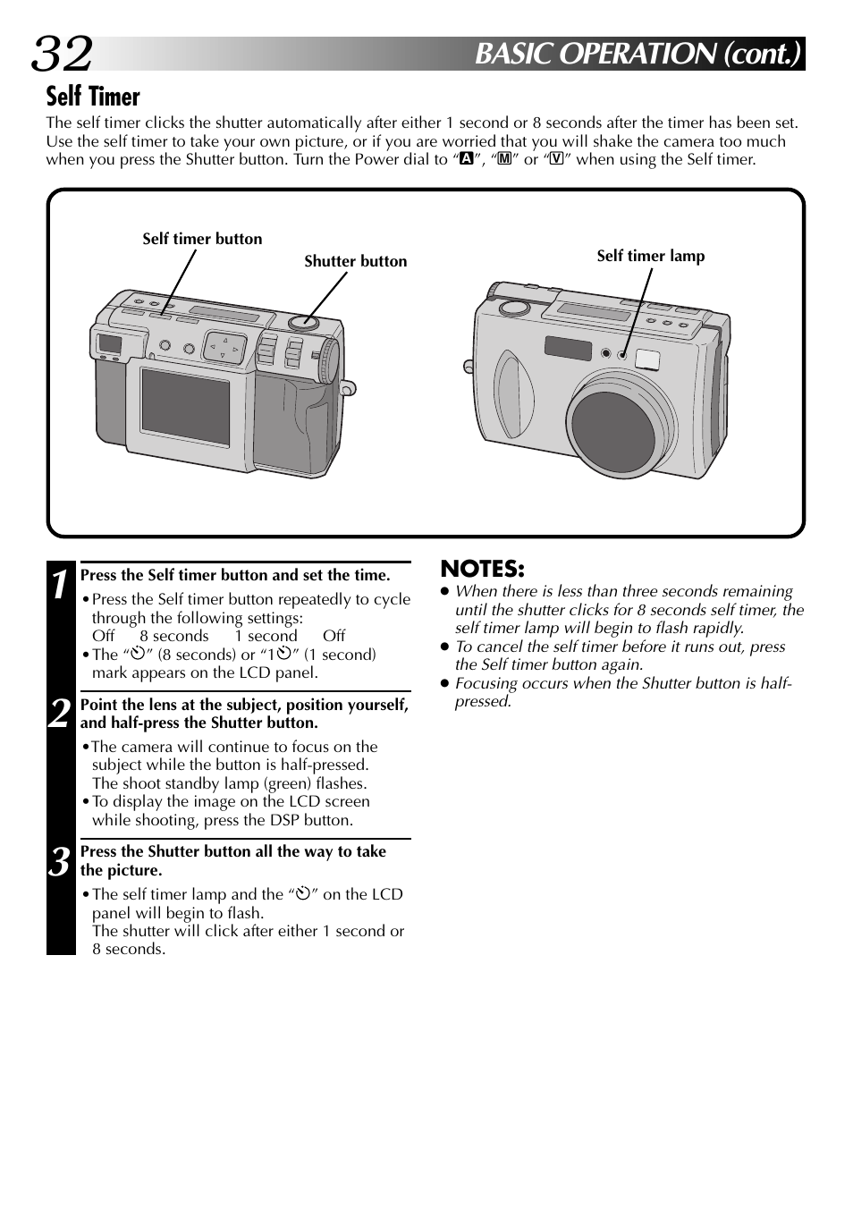 Basic operation (cont.), Self timer | JVC GC-QX3 User Manual | Page 32 / 96