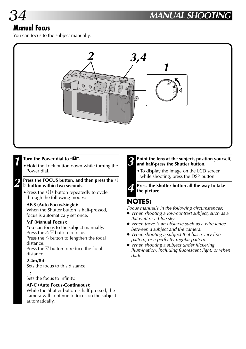 Manual shooting, Manual focus | JVC GC-QX3 User Manual | Page 34 / 96