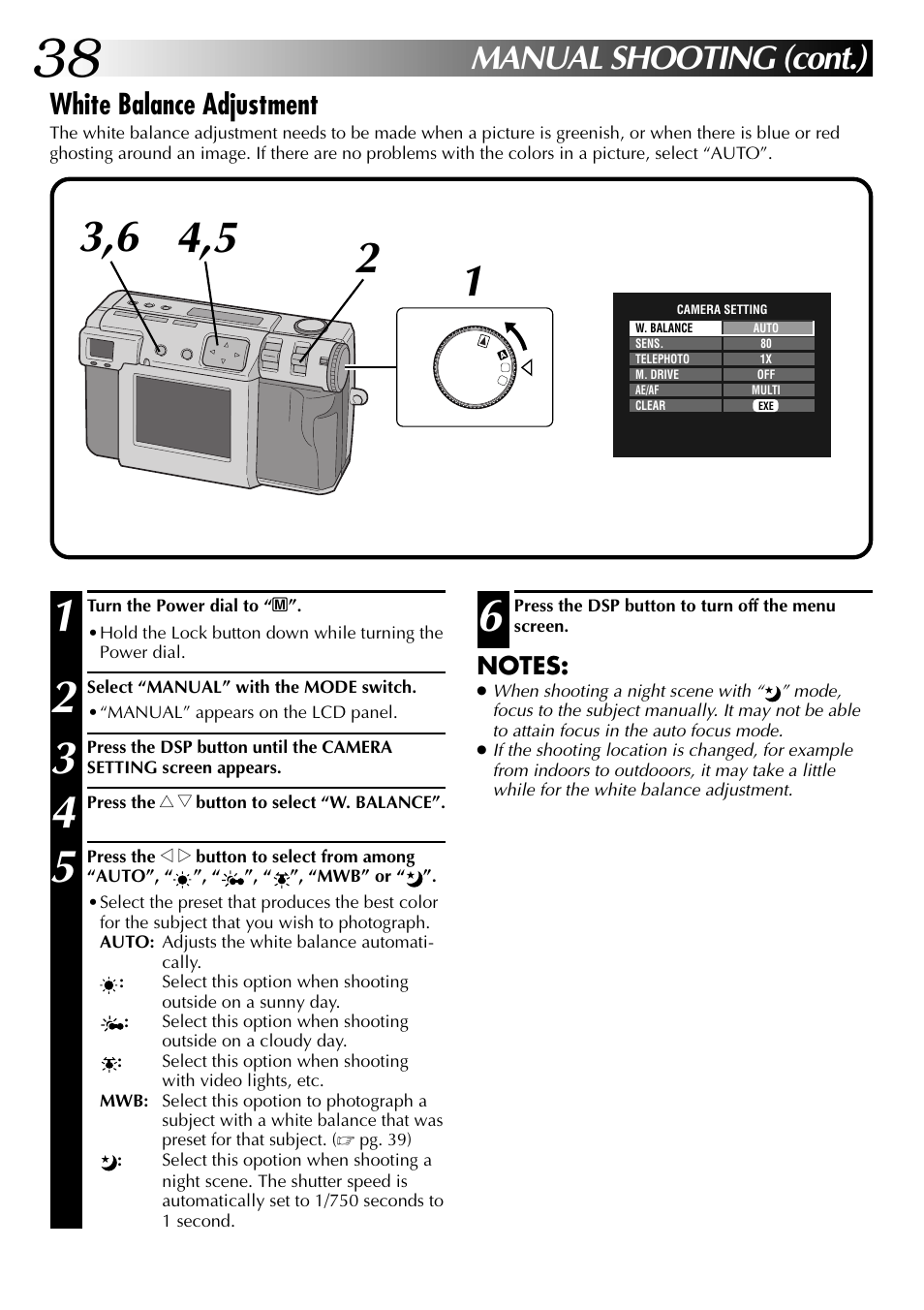 Manual shooting (cont.), White balance adjustment | JVC GC-QX3 User Manual | Page 38 / 96