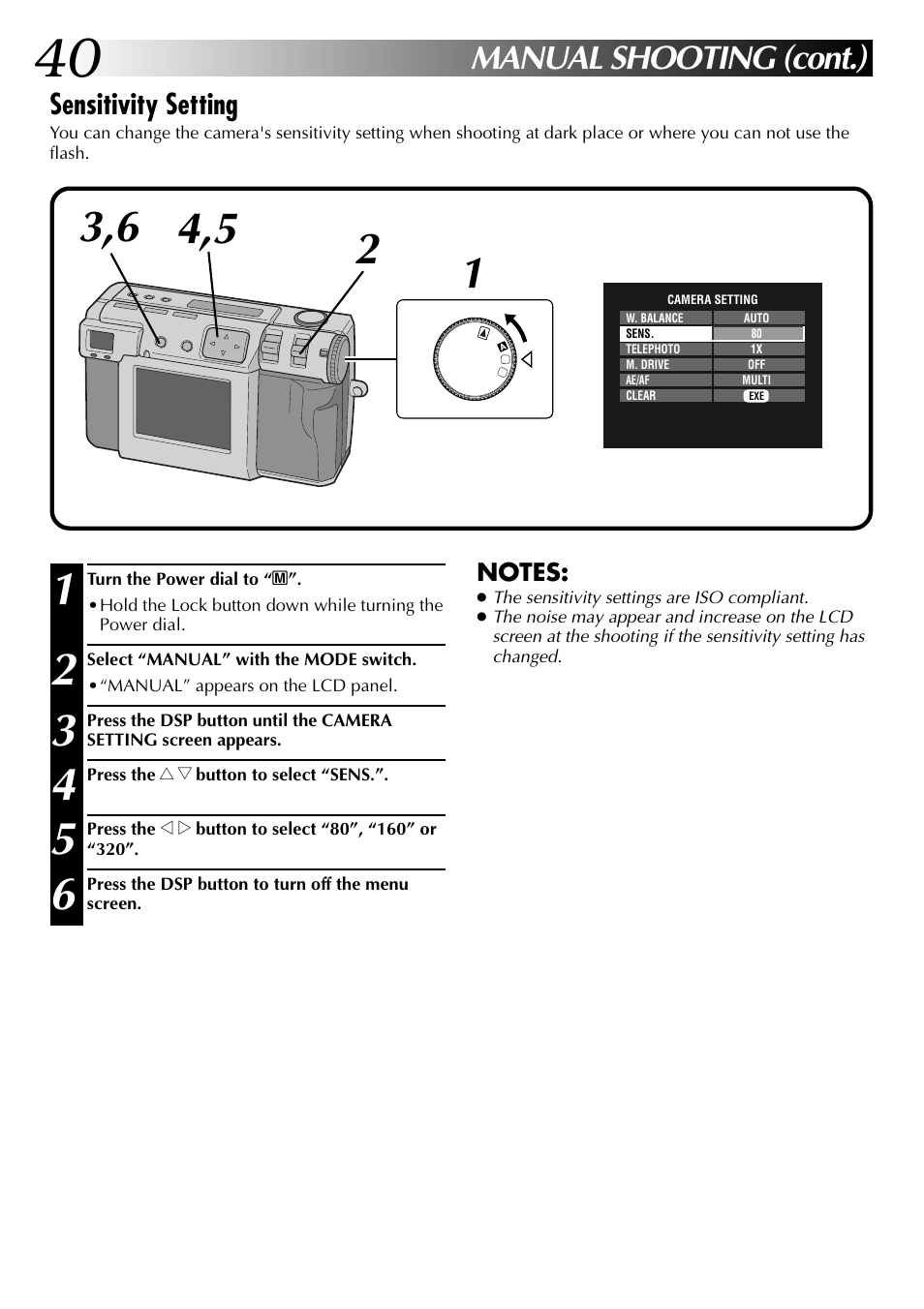 Manual shooting (cont.), Sensitivity setting | JVC GC-QX3 User Manual | Page 40 / 96