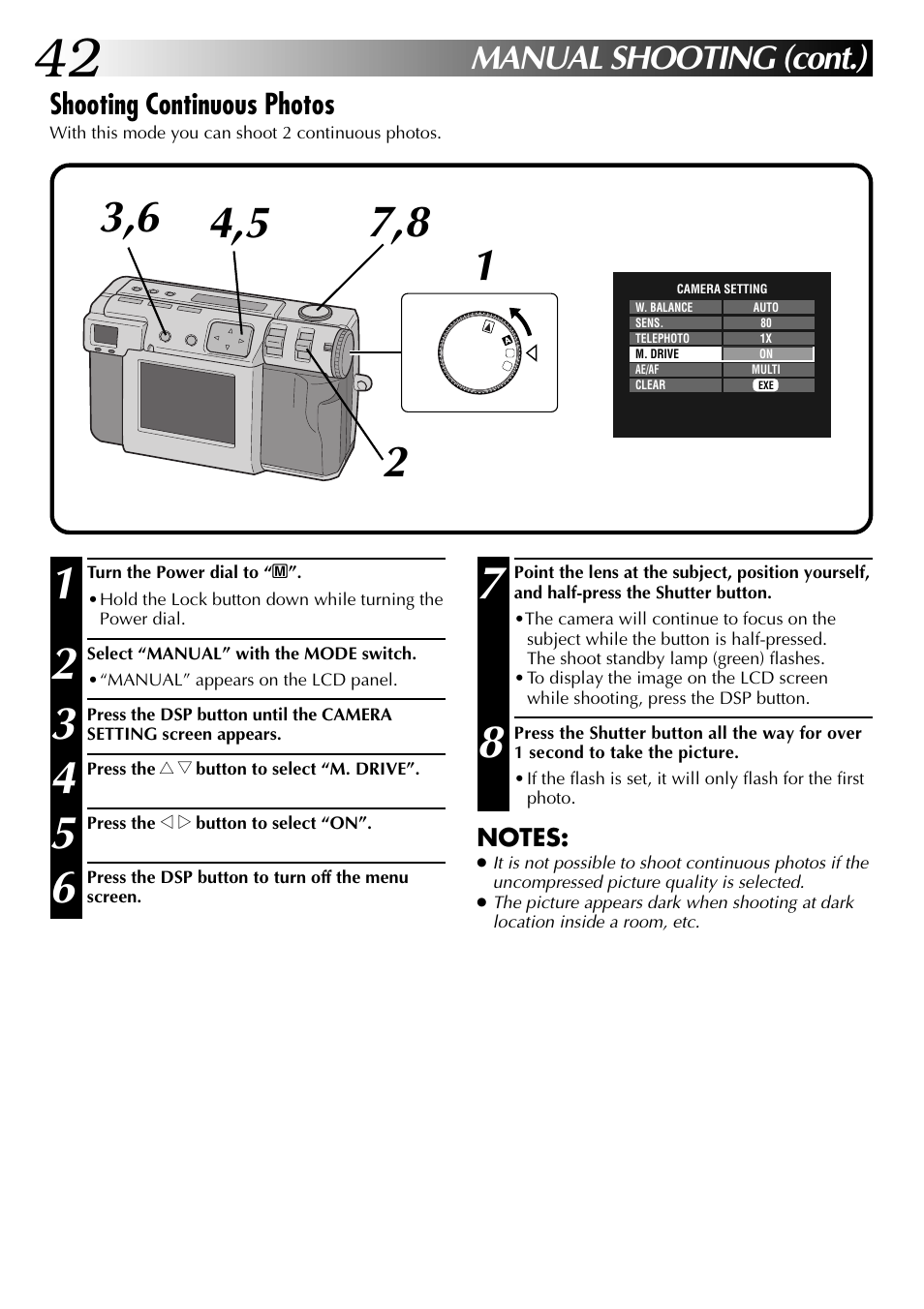 Manual shooting (cont.), Shooting continuous photos | JVC GC-QX3 User Manual | Page 42 / 96