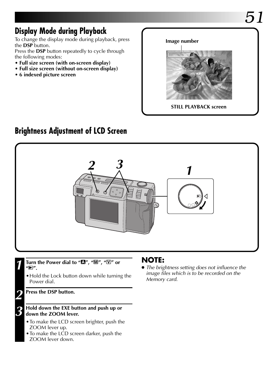 Display mode during playback, Brightness adjustment of lcd screen | JVC GC-QX3 User Manual | Page 51 / 96