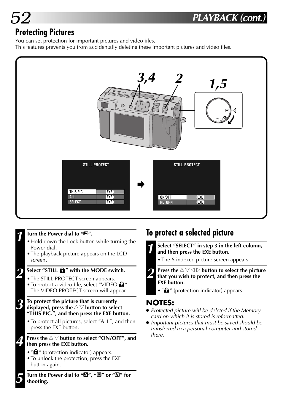 Playback (cont.), Protecting pictures | JVC GC-QX3 User Manual | Page 52 / 96
