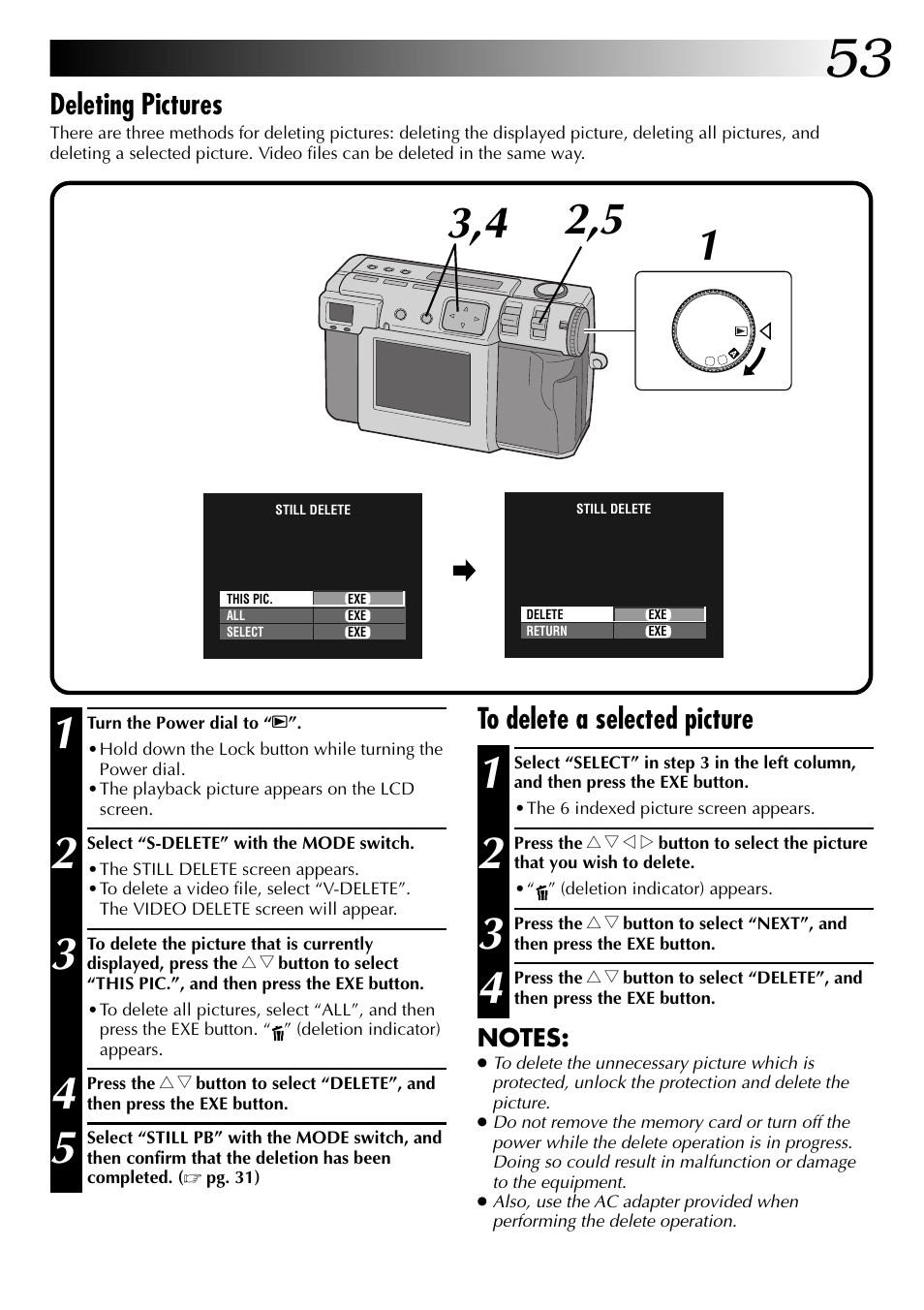 Deleting pictures | JVC GC-QX3 User Manual | Page 53 / 96