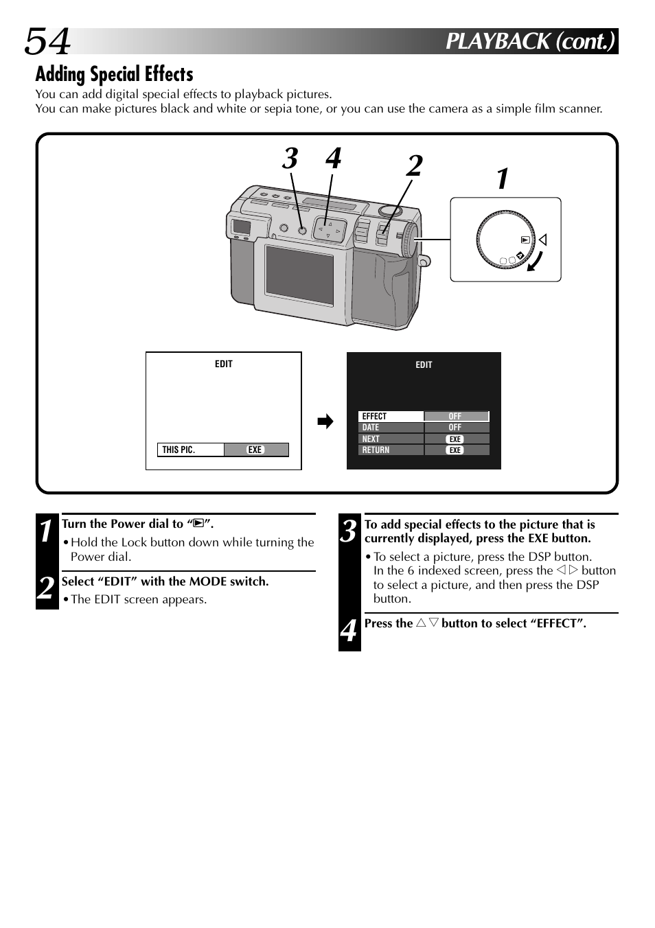 Playback (cont.), Adding special effects | JVC GC-QX3 User Manual | Page 54 / 96