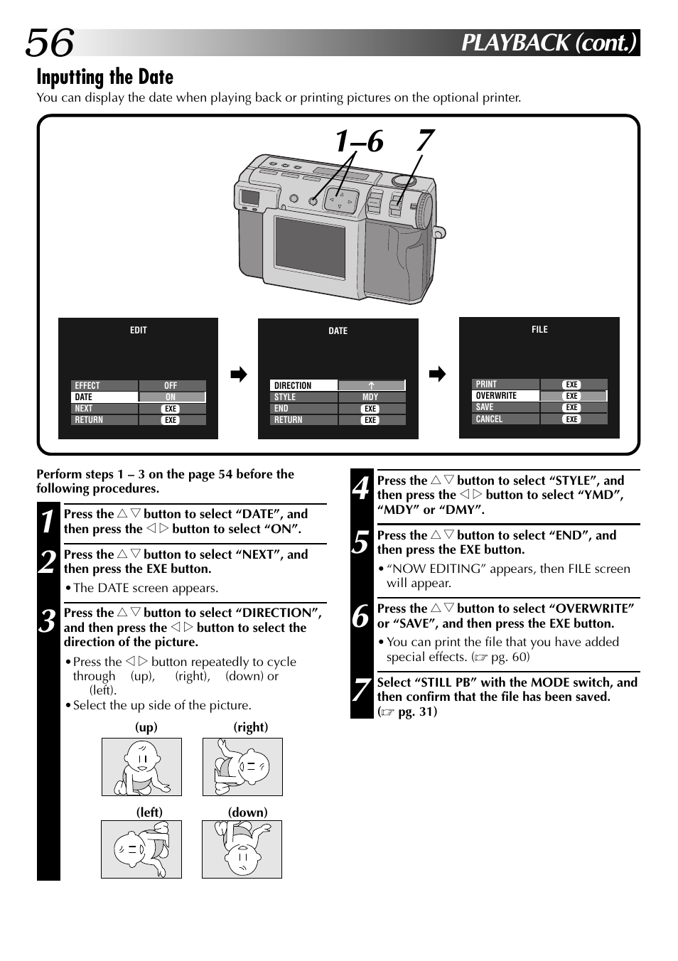 Playback (cont.), Inputting the date | JVC GC-QX3 User Manual | Page 56 / 96