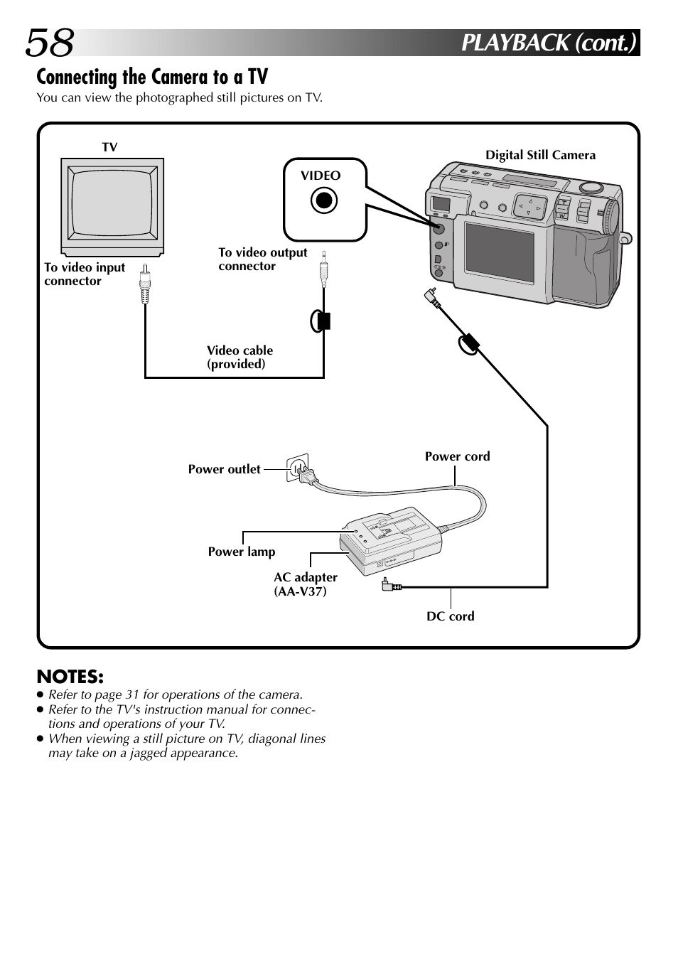 Playback (cont.), Connecting the camera to a tv | JVC GC-QX3 User Manual | Page 58 / 96