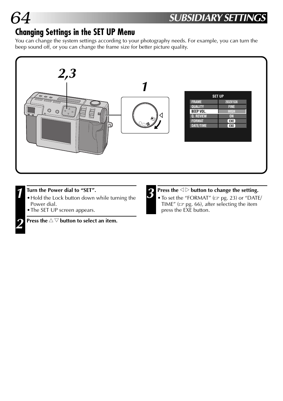 Subsidiary settings, Changing settings in the set up menu | JVC GC-QX3 User Manual | Page 64 / 96