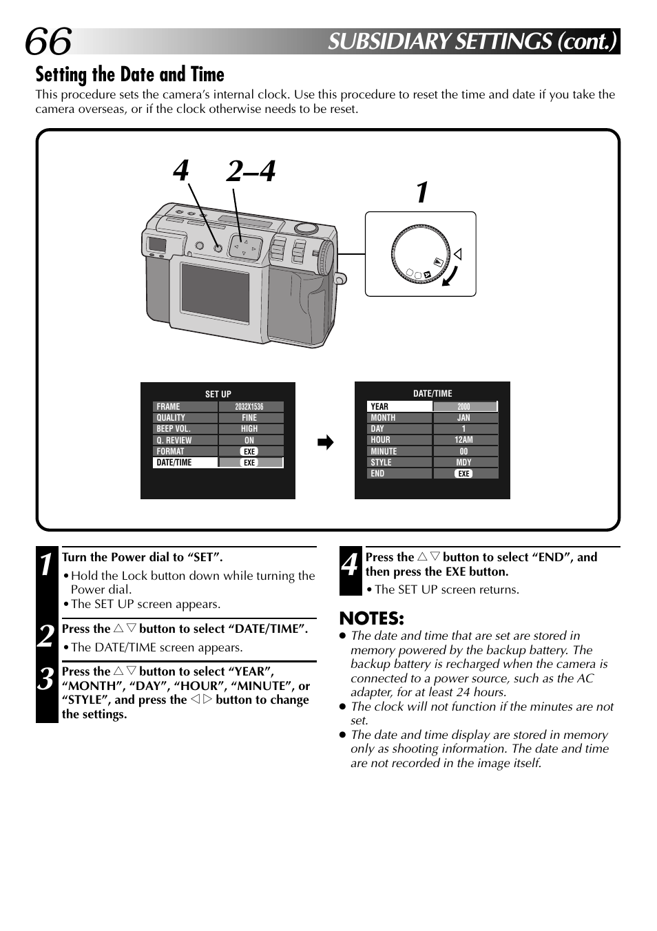 Subsidiary settings (cont.), Setting the date and time | JVC GC-QX3 User Manual | Page 66 / 96