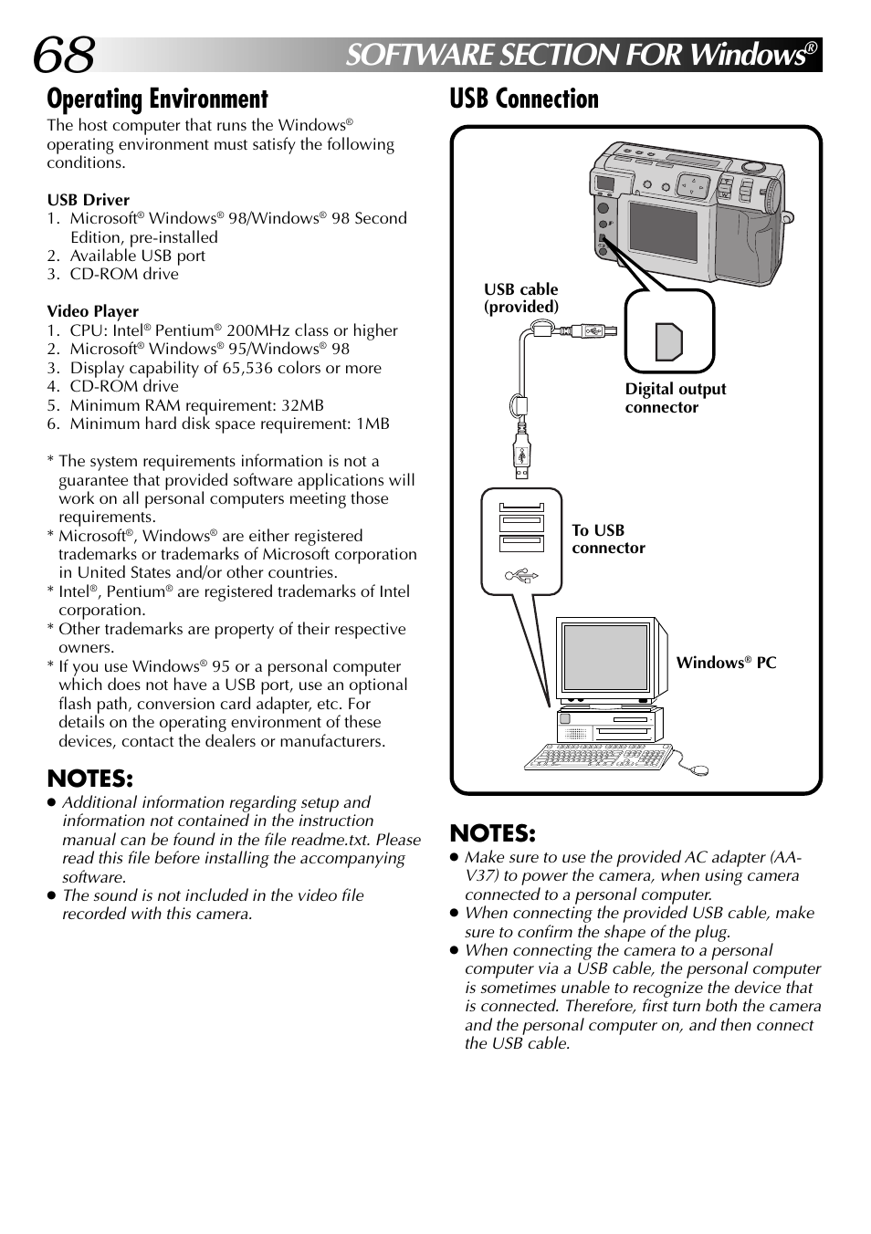 Operating environment, Usb connection | JVC GC-QX3 User Manual | Page 68 / 96
