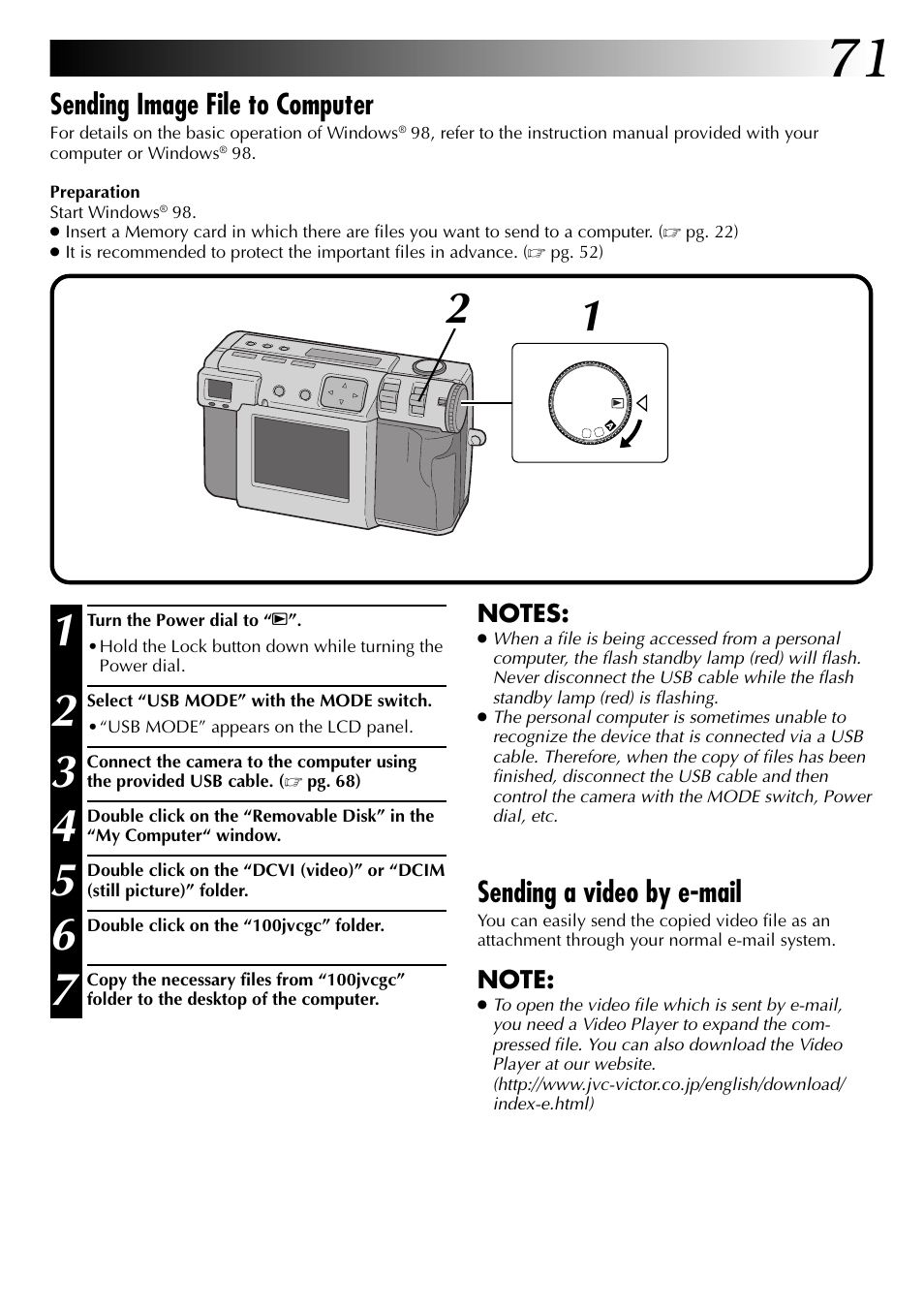 Sending image file to computer, Sending a video by e-mail | JVC GC-QX3 User Manual | Page 71 / 96