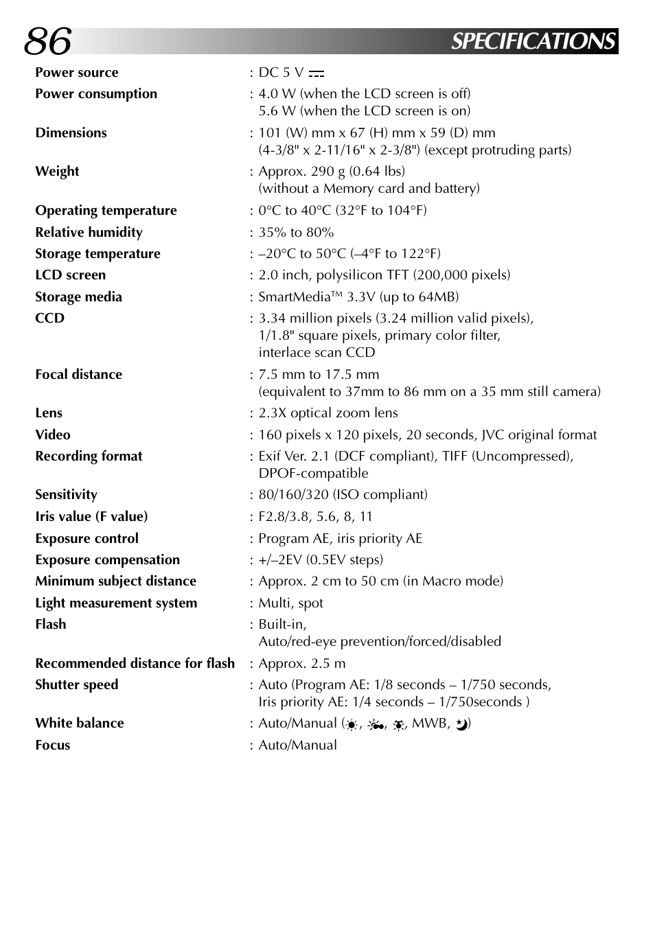 Specifications | JVC GC-QX3 User Manual | Page 86 / 96