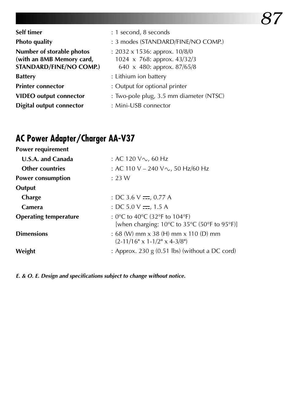 Ac power adapter/charger aa-v37 | JVC GC-QX3 User Manual | Page 87 / 96